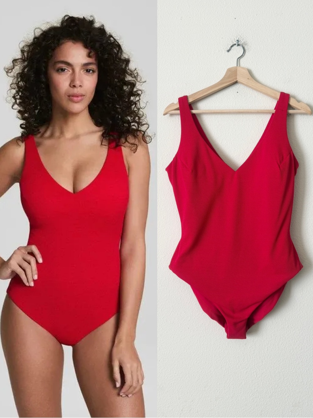 SpanxShape 1X Pique textured plunge Vneck onepiece swimsuit in red